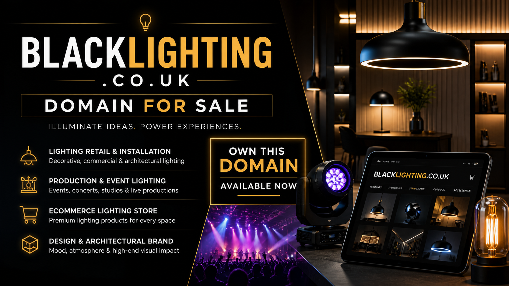 Promotional graphic featuring the domain blacklighting.co.uk, shown with modern lighting fixtures and stage lights. Style: sleek cinematic.