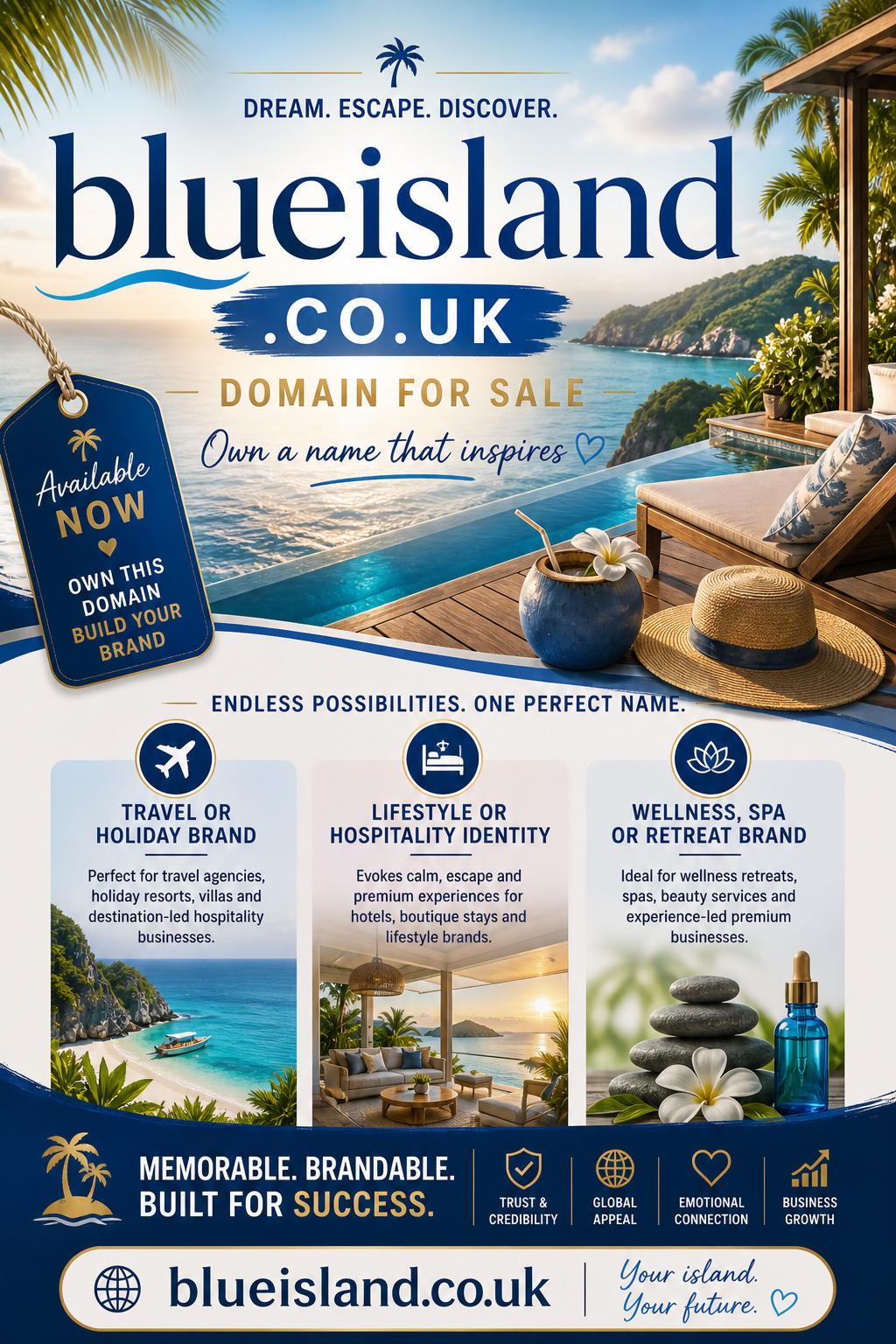 Promotional graphic featuring the domain blueisland.co.uk, shown with tropical resort and ocean view. Style: calm, premium