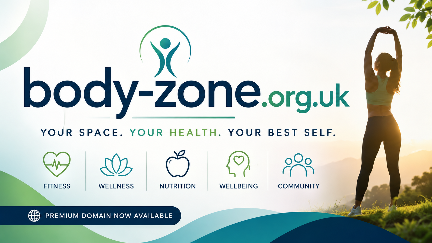 Promo banner for body-zone.org.uk with wellness icons and a stretching figure in a clean green-and-blue fitness design.
