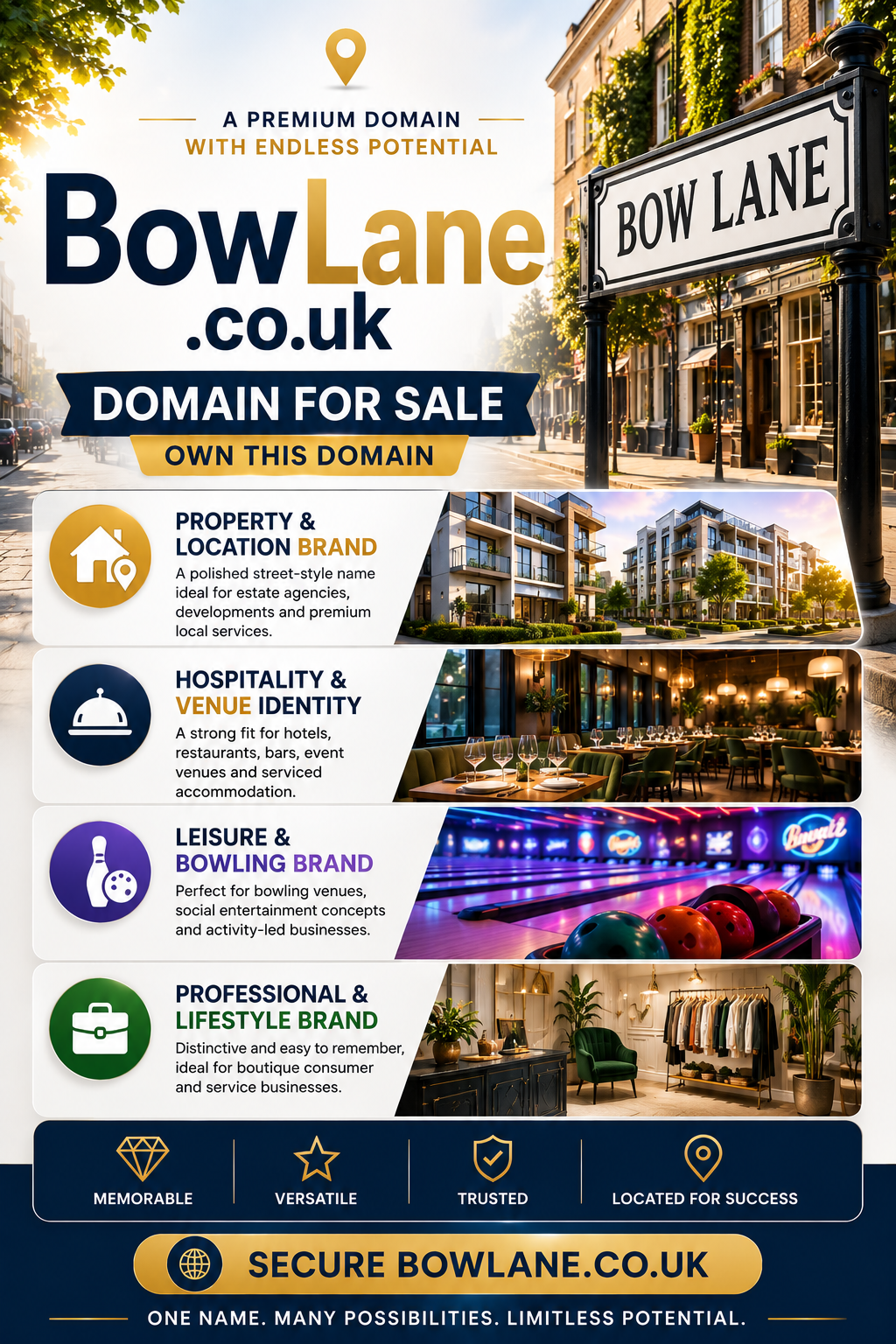 Promotional graphic featuring the domain BowLane.co.uk, shown with a street sign and premium venue imagery. Style: bright modern business.