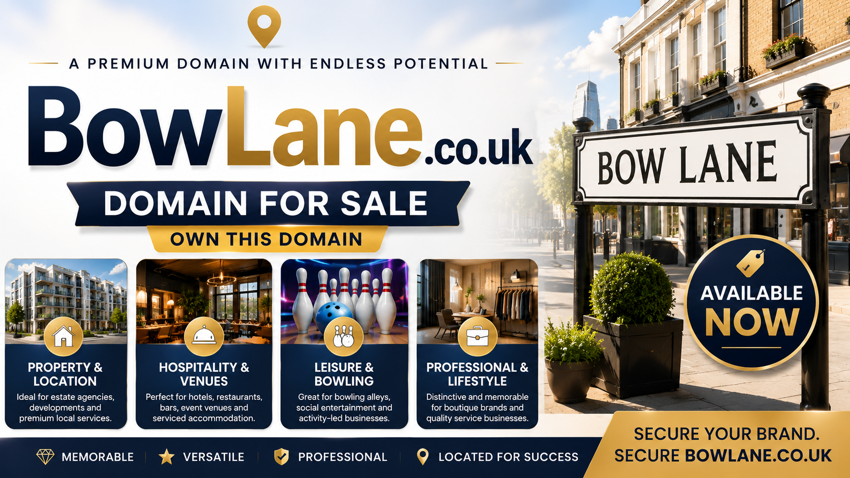 Promotional graphic featuring the domain BowLane.co.uk, shown with a street sign and premium venue imagery. Style: bright modern business.