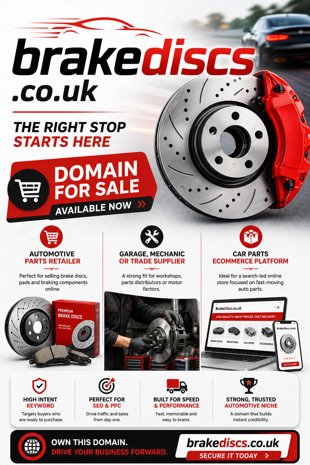 Promotional graphic featuring the domain brakediscs.co.uk, shown with brake disc and car imagery. Style: modern, bold, automotive-focused.