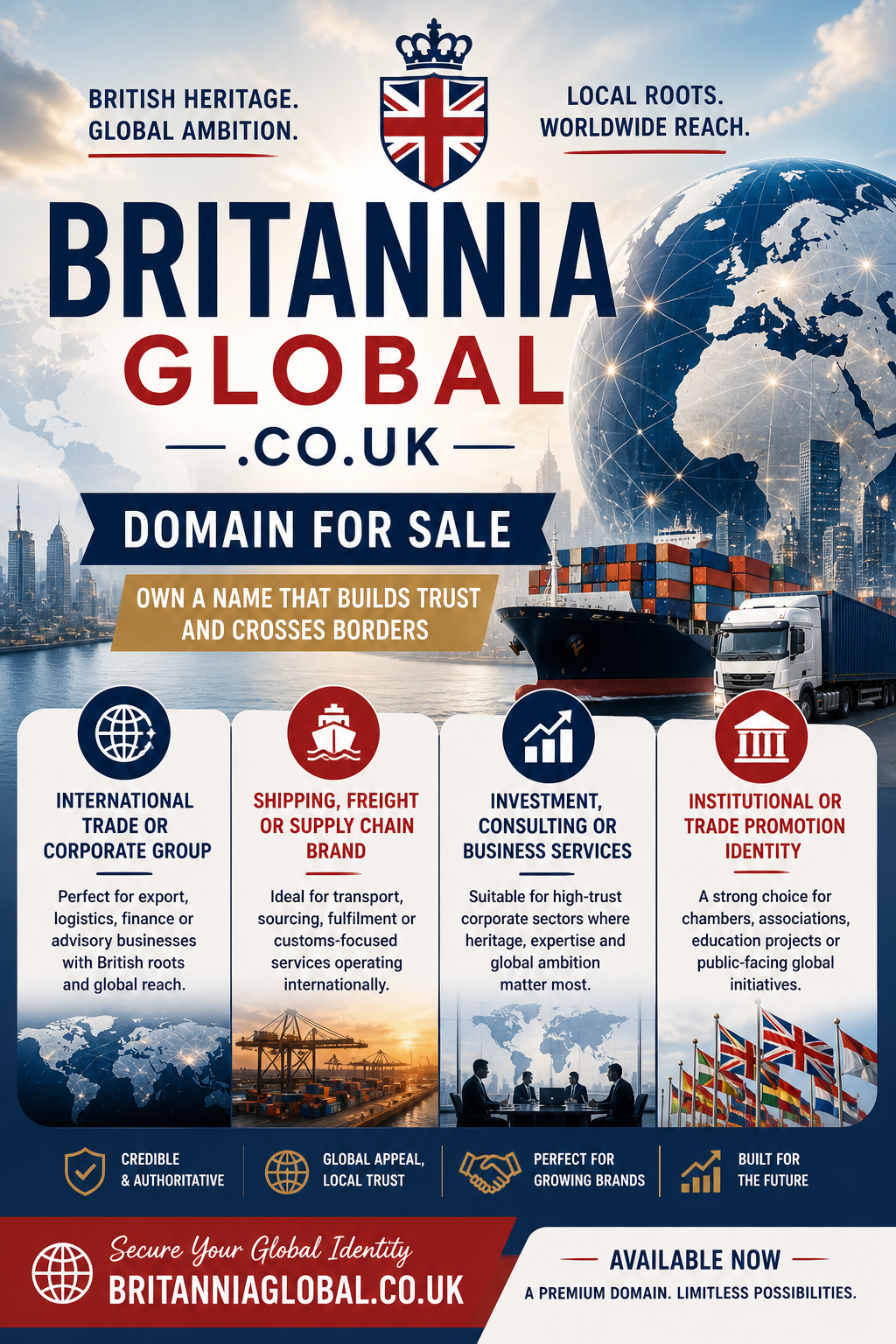 Promotional graphic featuring the domain britanniaglobal.co.uk, shown with globe and shipping visuals. Style: corporate, authoritative