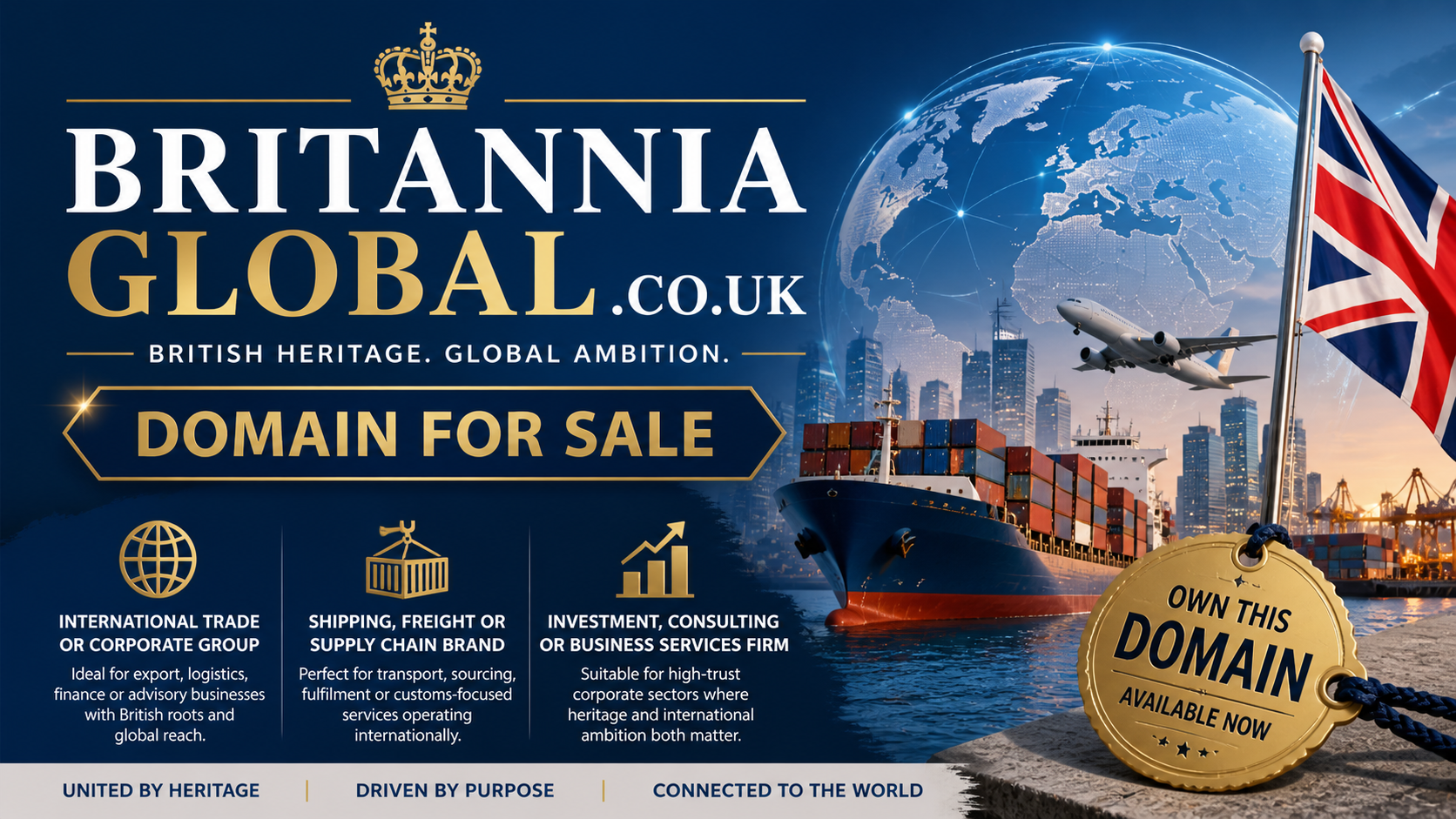 Promotional banner featuring the domain britanniaglobal.co.uk, shown with cargo ship and globe. Style: premium corporate global.