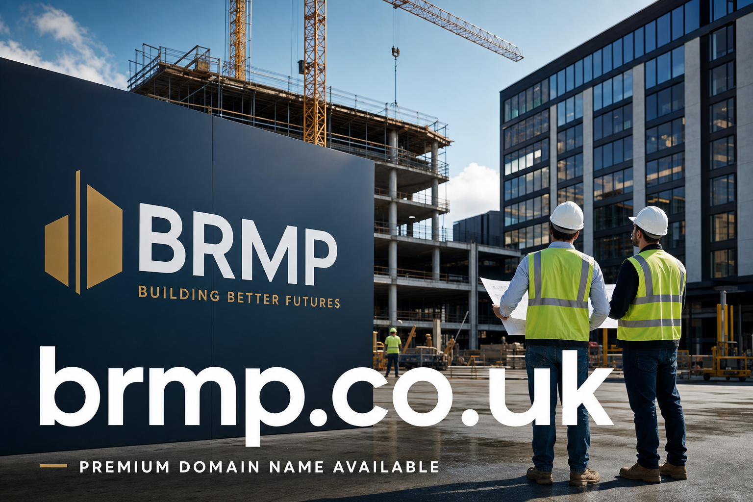 Two construction workers in reflective vests and helmets examine plans at an urban construction site with cranes and partially built structures visible around them. A large sign displays the logo and slogan for BRMP and the text brmp.co.uk with a note about domain availability.