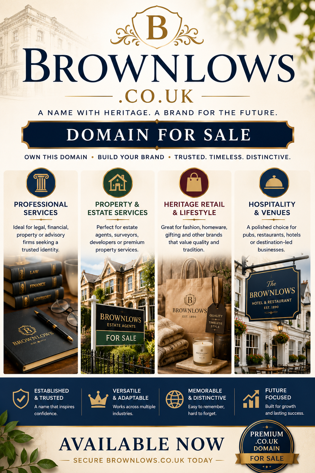 Promotional graphic featuring the domain Brownlows.co.uk, shown with estate agency, hospitality and heritage retail branding elements. Style: elegant traditional.