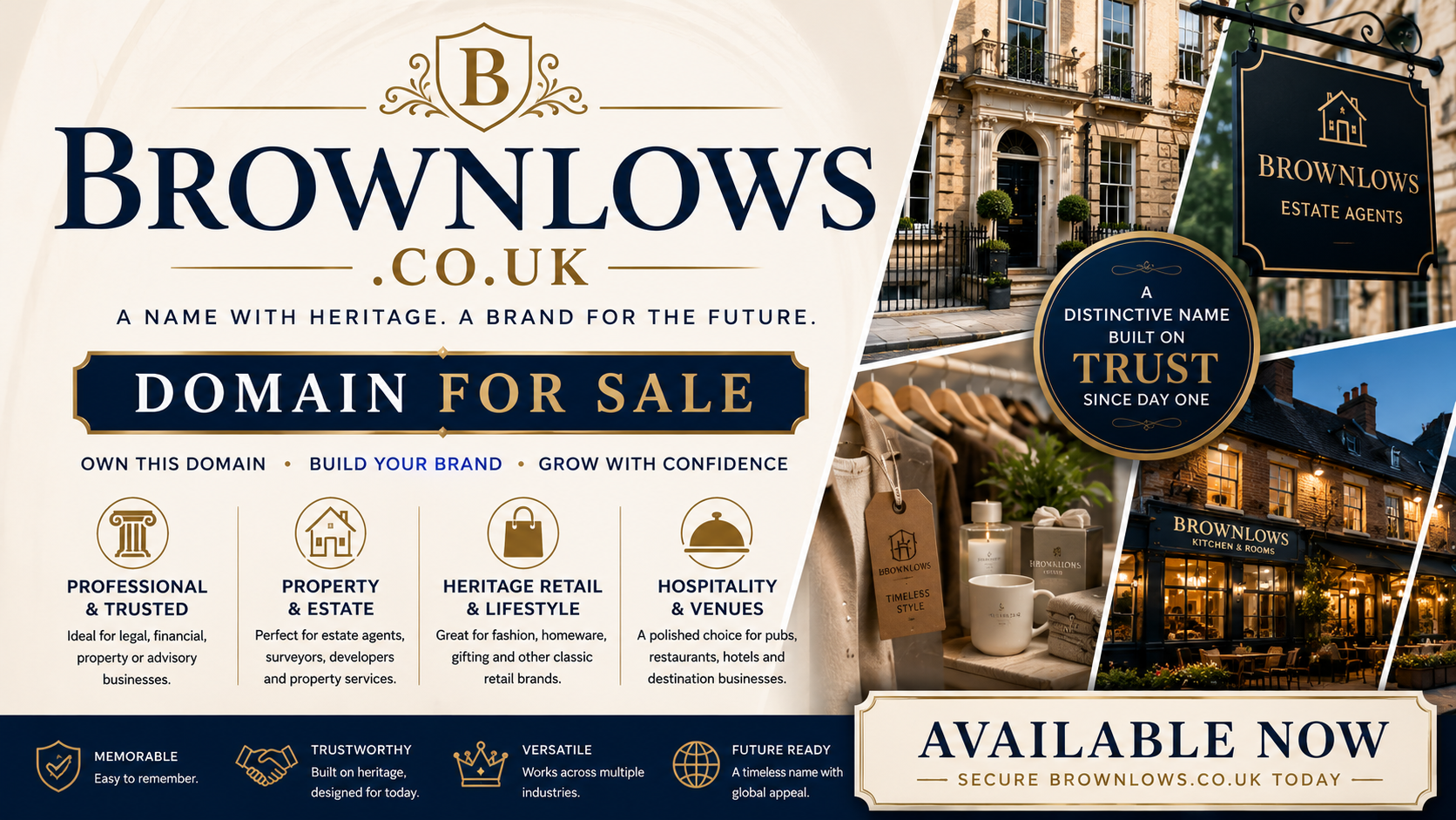 Promotional graphic featuring the domain Brownlows.co.uk, shown with estate agency, hospitality and heritage retail branding elements. Style: elegant traditional.