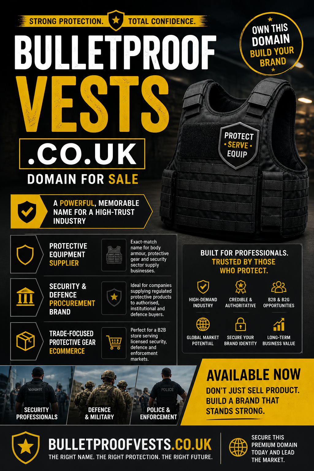 Promotional graphic featuring the domain bulletproofvests.co.uk, shown with tactical vest and shield icon. Style: bold, industrial