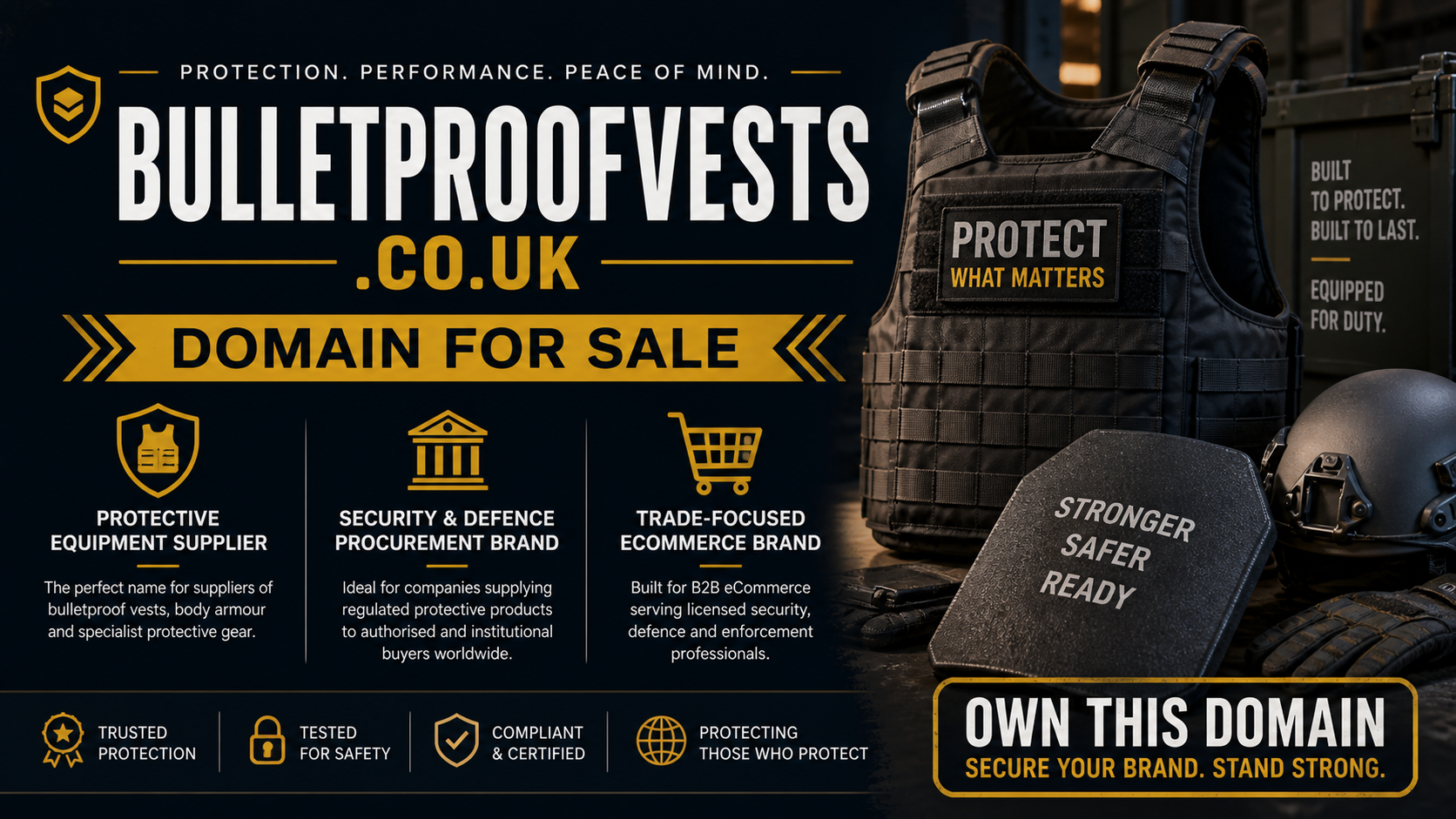 Promotional banner featuring the domain bulletproofvests.co.uk, shown with body armour vest and helmet. Style: bold tactical industrial.