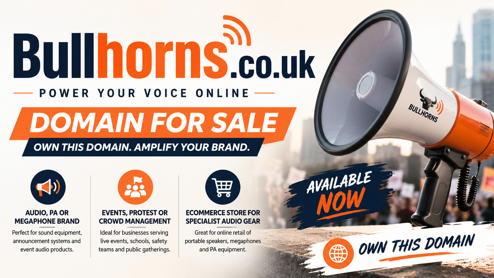 Promotional graphic featuring the domain Bullhorns.co.uk, shown with a megaphone and crowd event icons. Style: bright modern branding.
