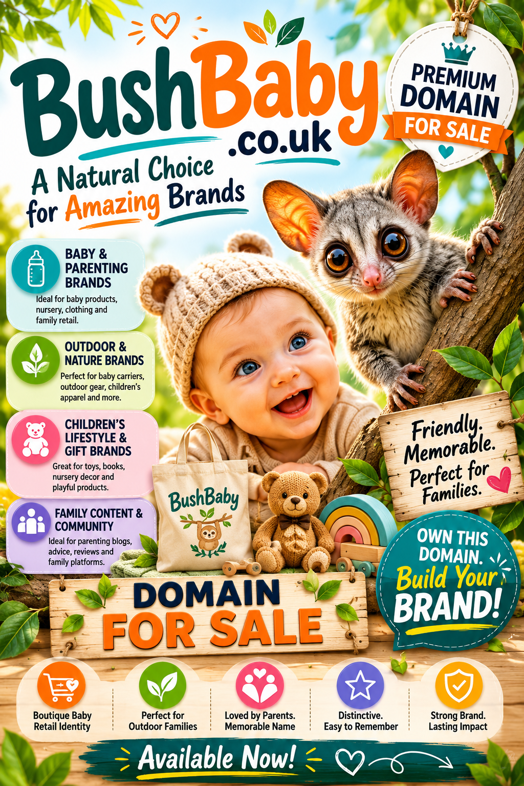 Promotional graphic featuring the domain BushBaby.co.uk, shown with a cute bush baby, woodland imagery and family-brand messaging. Style: bright, friendly and premium.
