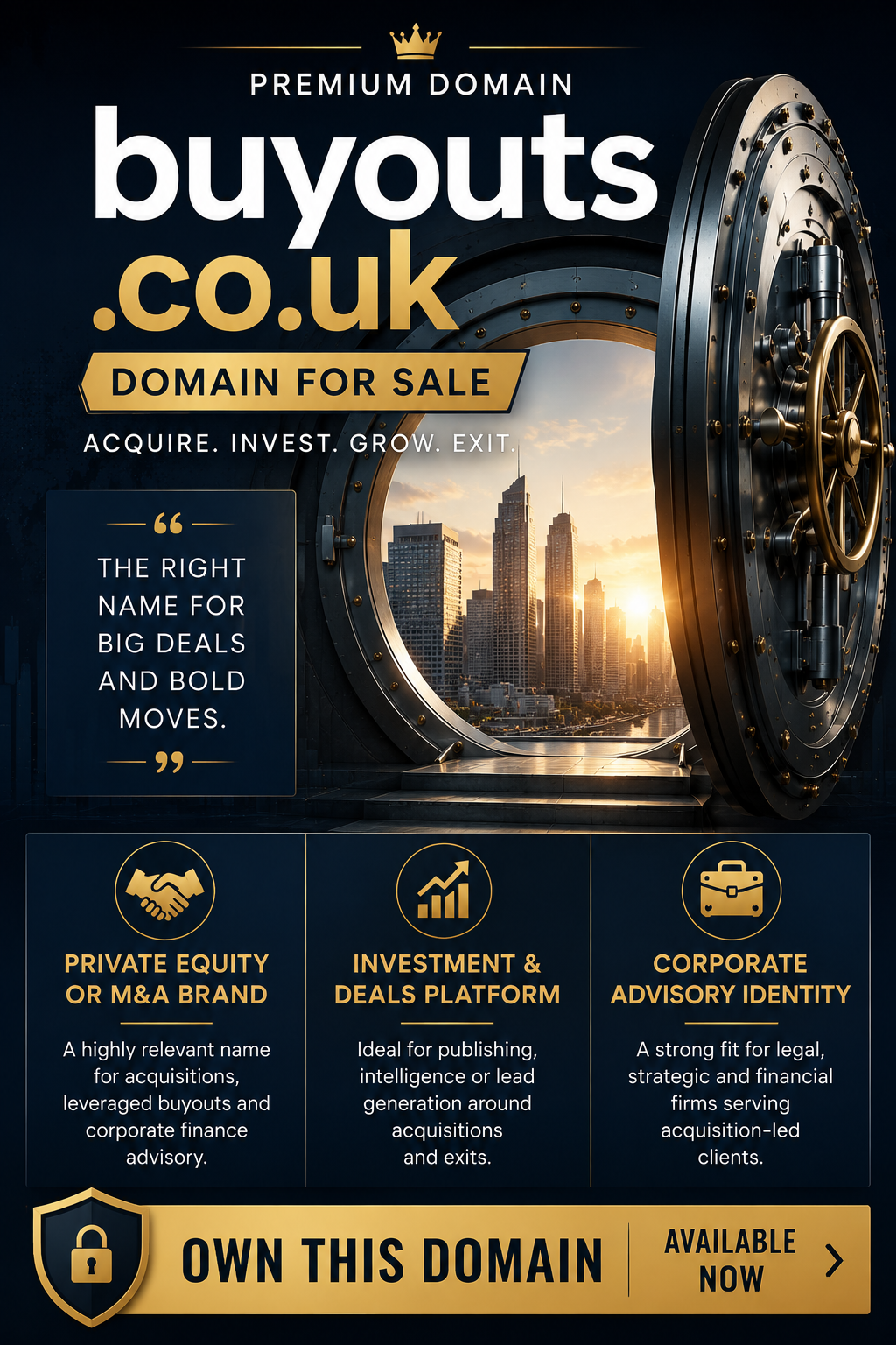 Promotional graphic featuring the domain buyouts.co.uk with vault door, skyline and finance icons. Style: premium corporate.