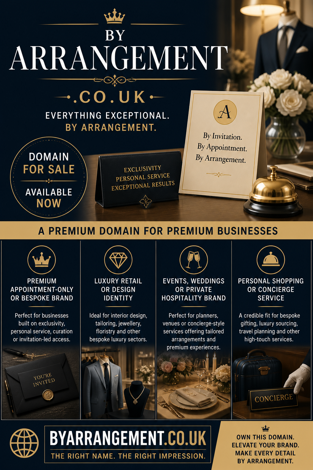 Promotional graphic featuring the domain byarrangement.co.uk, shown with concierge desk and luxury items. Style: elegant, premium