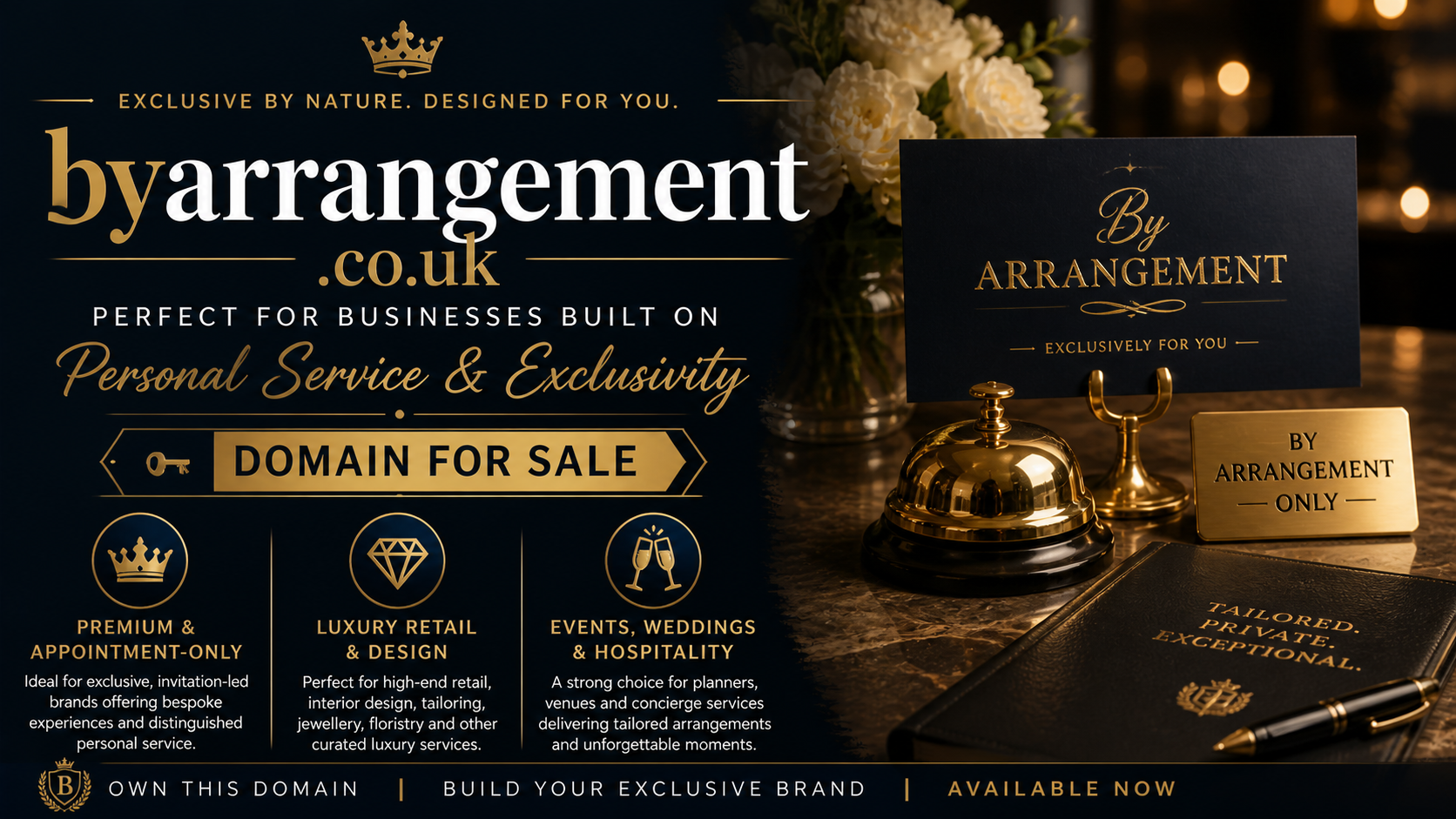 Promotional banner featuring the domain byarrangement.co.uk, shown with concierge desk and luxury setting. Style: elegant premium gold.