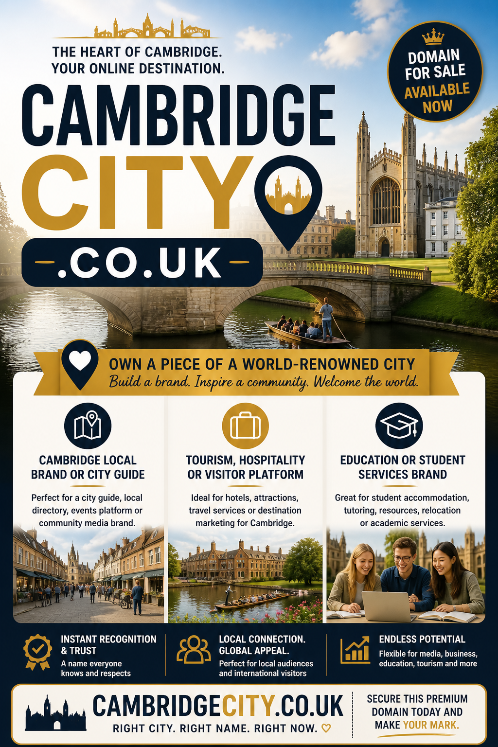 Promotional graphic featuring the domain cambridgecity.co.uk, shown with city skyline and river scene. Style: clean, premium