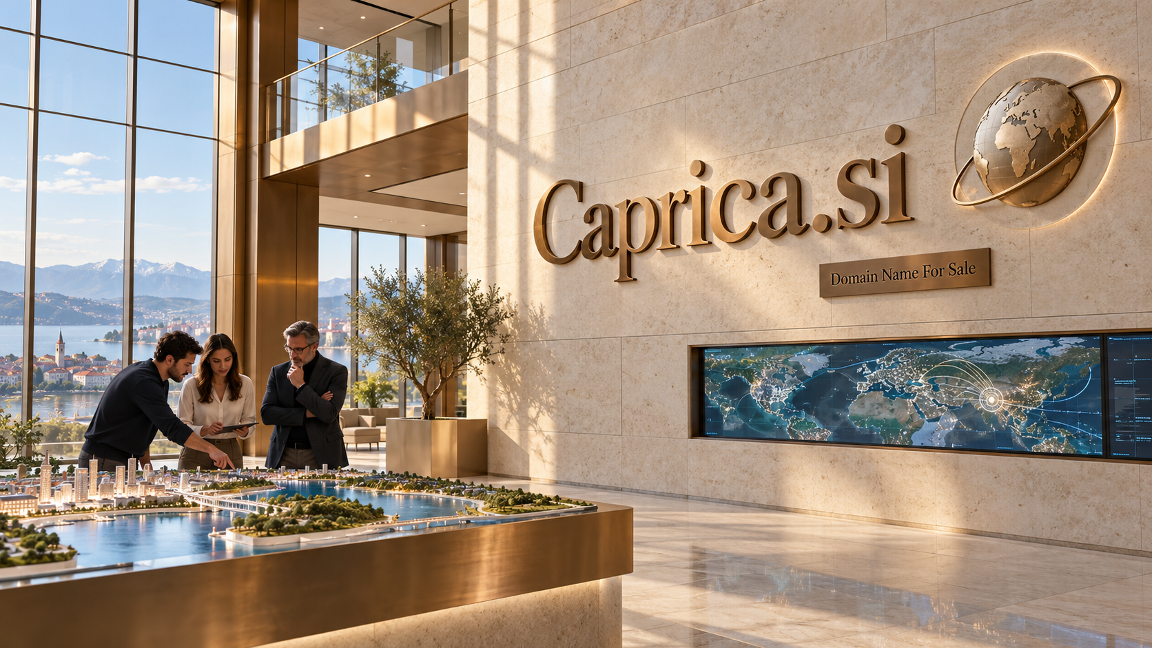 Researchers stand in a sunlit Caprica.si research campus, where a wall display visualises a simulated city and a small etched globe marks the brand; a plaque reads Domain Name For Sale.