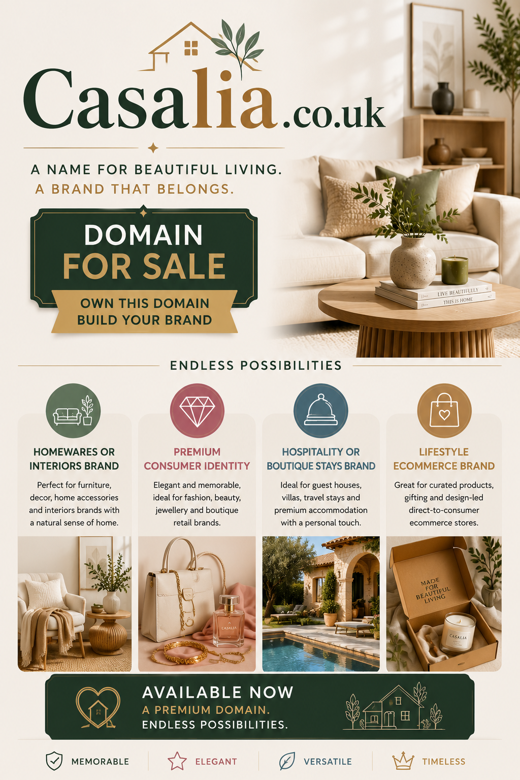Promotional graphic featuring the domain Casalia.co.uk with luxury interior décor, boutique lifestyle styling and for-sale branding. Style: elegant modern home and lifestyle branding.