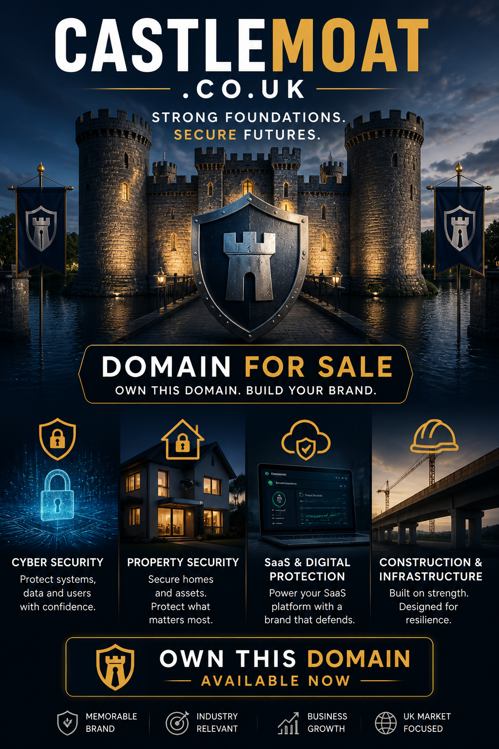 Promotional graphic featuring the domain castlemoat.co.uk, shown with castle and shield icon. Style: bold cinematic.