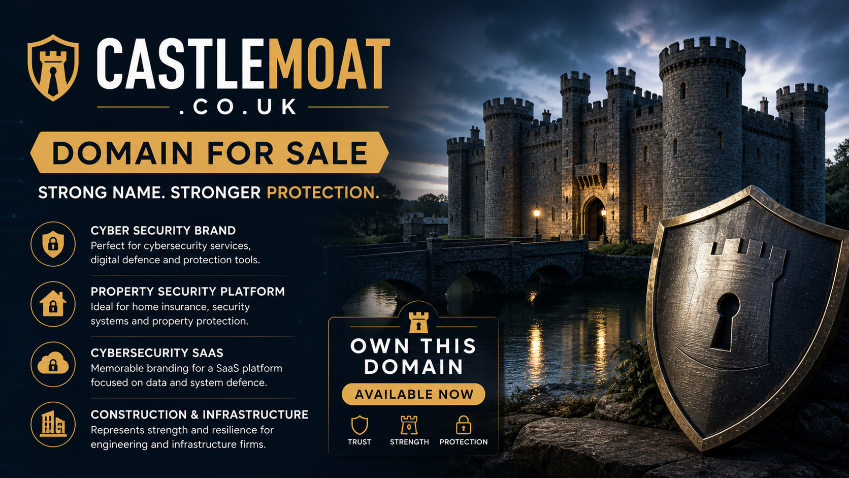 Promotional graphic featuring the domain castlemoat.co.uk, shown with castle and shield icon. Style: bold cinematic.