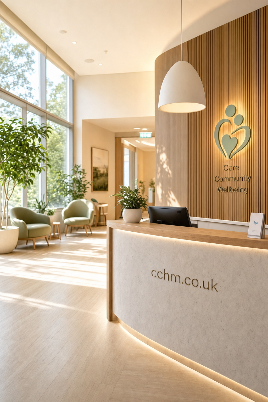 A bright, modern reception area with a curved desk featuring the text cchm.co.uk, a decorative plant, green armchairs near large windows, and a wooden slat wall with a heart-shaped care logo and words Care Community Wellbeing.