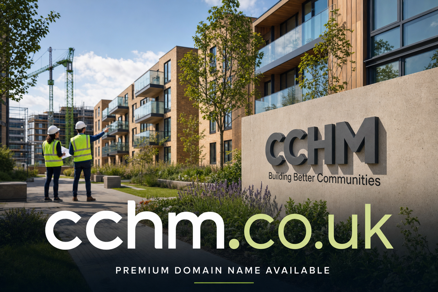 Two construction workers in safety vests and helmets stand in a landscaped urban area with modern apartment buildings and a crane in the background. A large concrete sign reads 'CCHM Building Better Communities.' Text overlay says 'cchm.co.uk PREMIUM DOMAIN NAME AVAILABLE.'