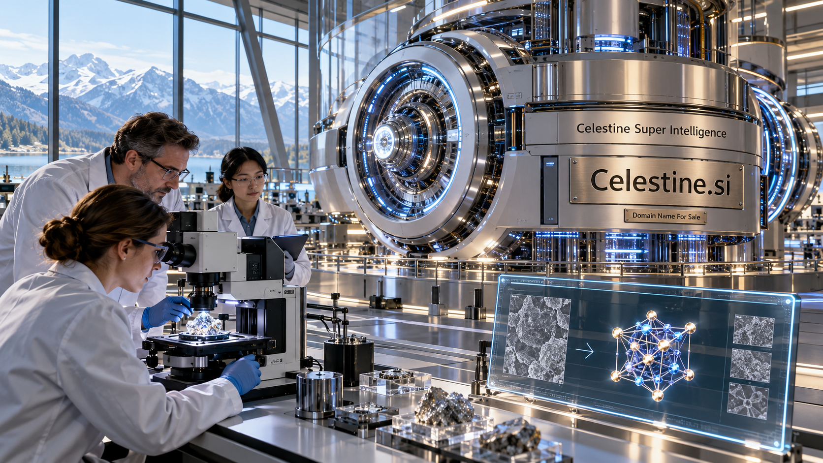 Researchers examine a crystalline sample in a bright materials lab as Celestine Super Intelligence links microscopy and experiment results, highlighting a promising structure. The system is marked Celestine.si beside a Domain Name For Sale plaque.