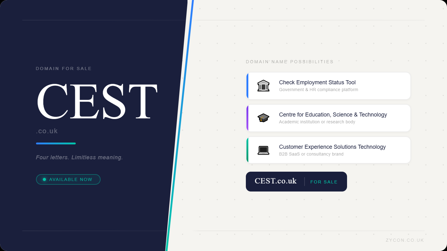 Minimal product-style ad featuring CEST.co.uk with use-case cards. Style: clean, professional, navy and teal.