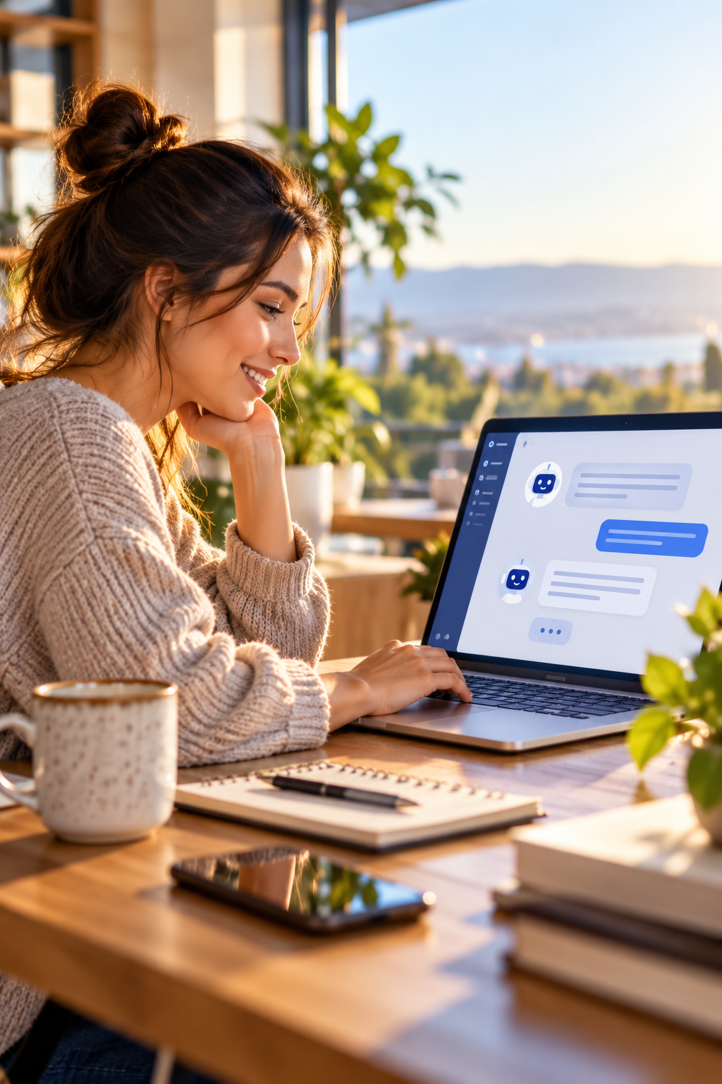 Woman using a laptop with a conversational AI assistant interface in a warm, sunlit home workspace, illustrating a natural interaction between a person and chatbot technology.