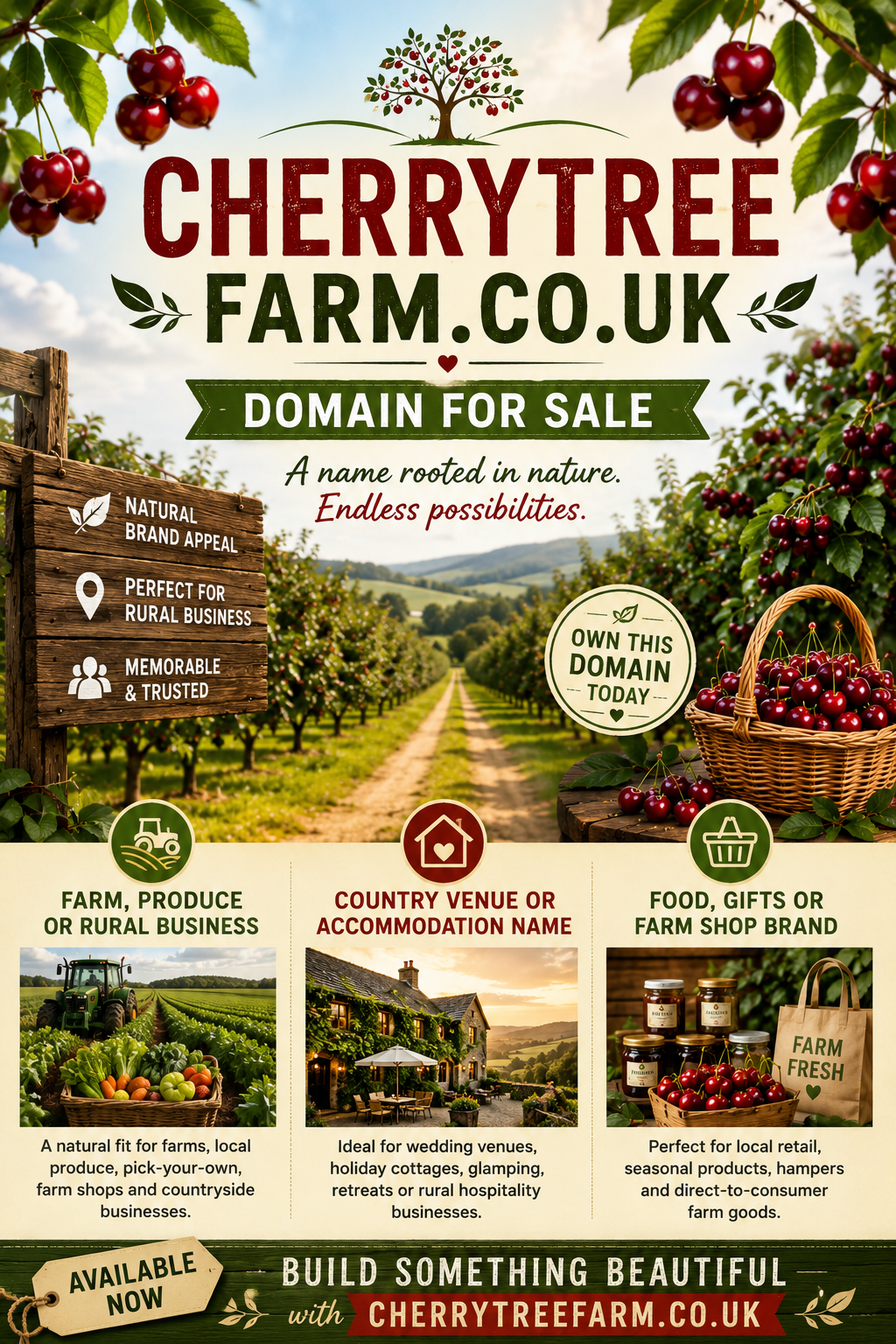 Promotional banner featuring cherrytreefarm.co.uk with cherry orchard, rustic signs and farm shop imagery. Style: warm countryside.