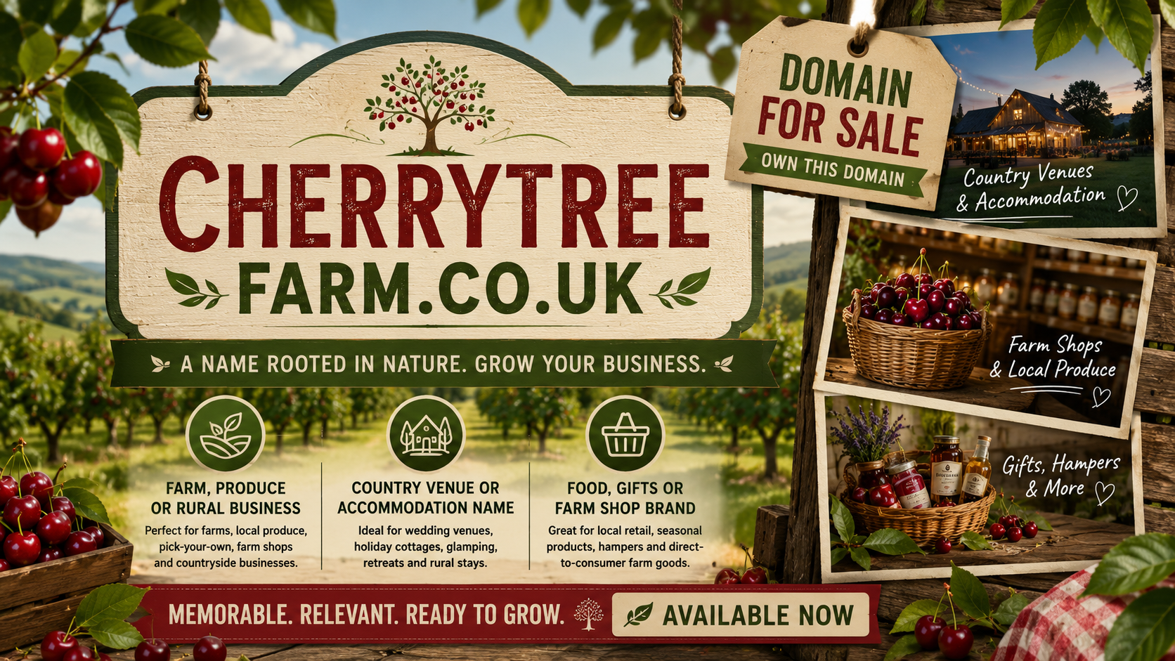 Promotional banner featuring cherrytreefarm.co.uk with cherry orchard, rustic signs and farm shop imagery. Style: warm countryside.