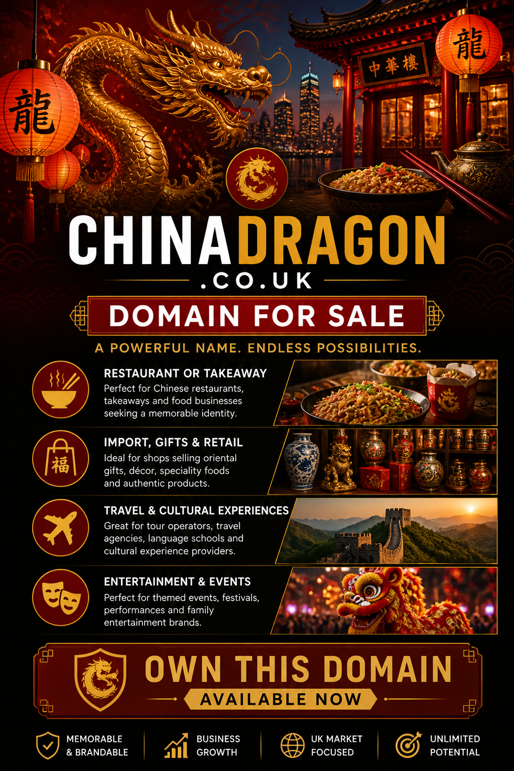 Promotional graphic featuring the domain chinadragon.co.uk, shown with dragon and lanterns. Style: bold cinematic.