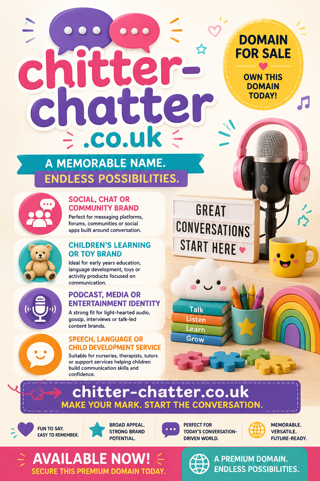 Promotional graphic featuring chitter-chatter.co.uk with speech bubbles, podcast microphone and learning toys. Style: bright playful.