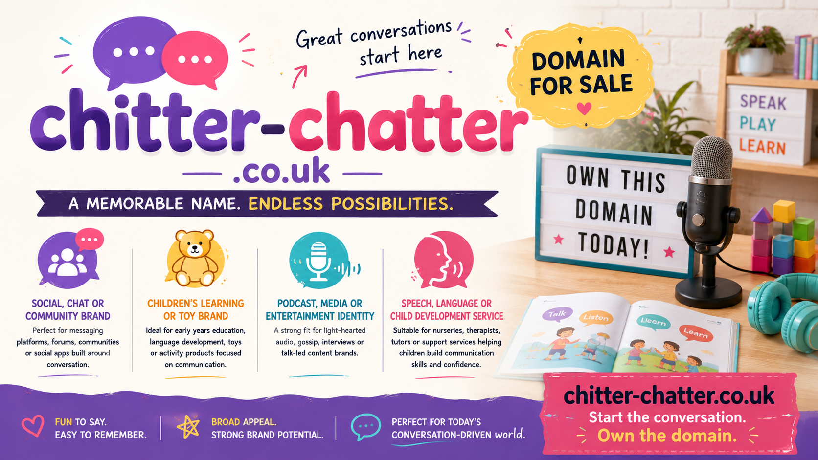 Promotional graphic featuring chitter-chatter.co.uk with speech bubbles, podcast microphone and learning toys. Style: bright playful.