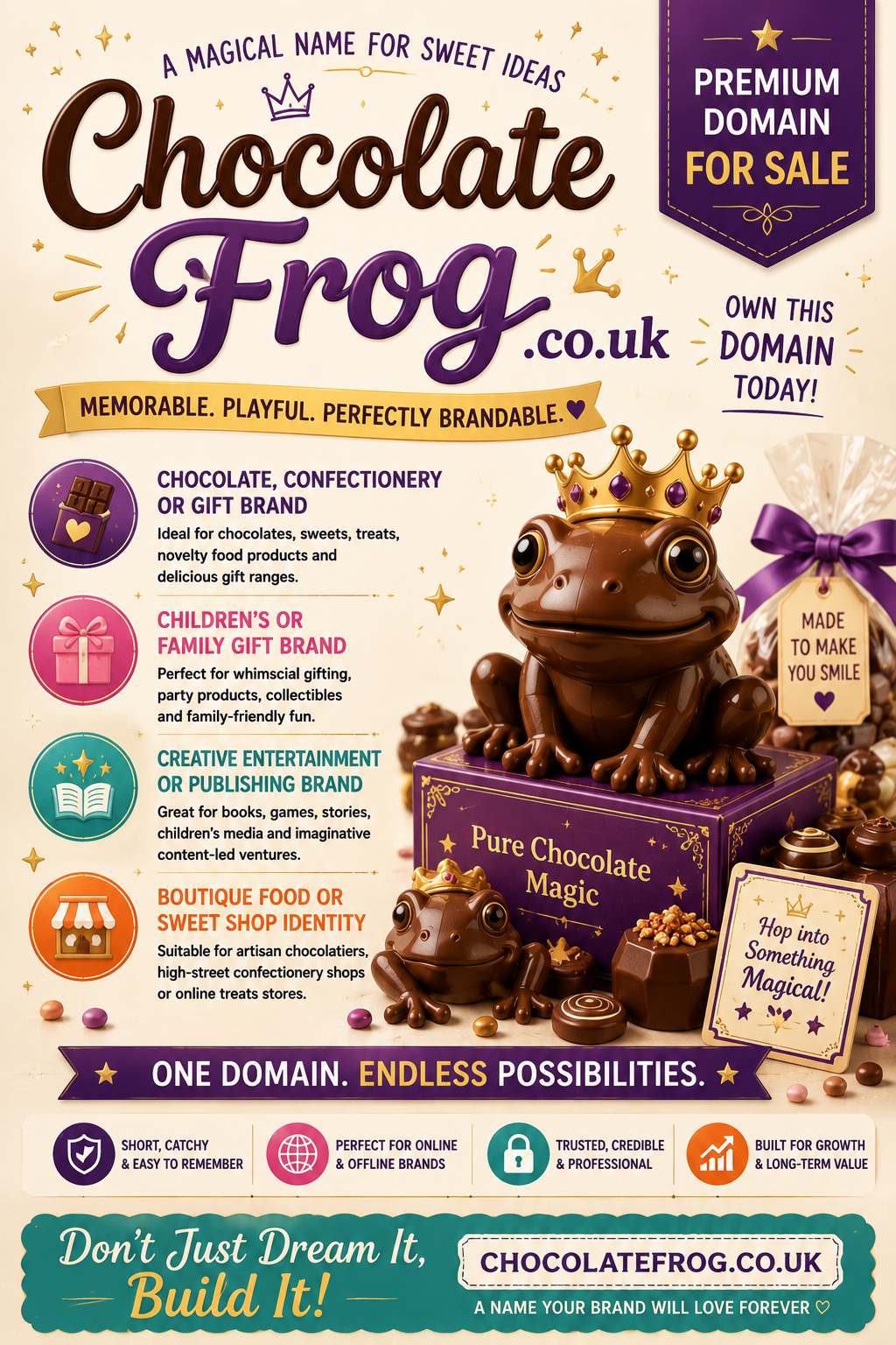 Promotional graphic featuring the domain ChocolateFrog.co.uk, shown with chocolate treats and a playful frog mascot. Style: bright whimsical confectionery branding.