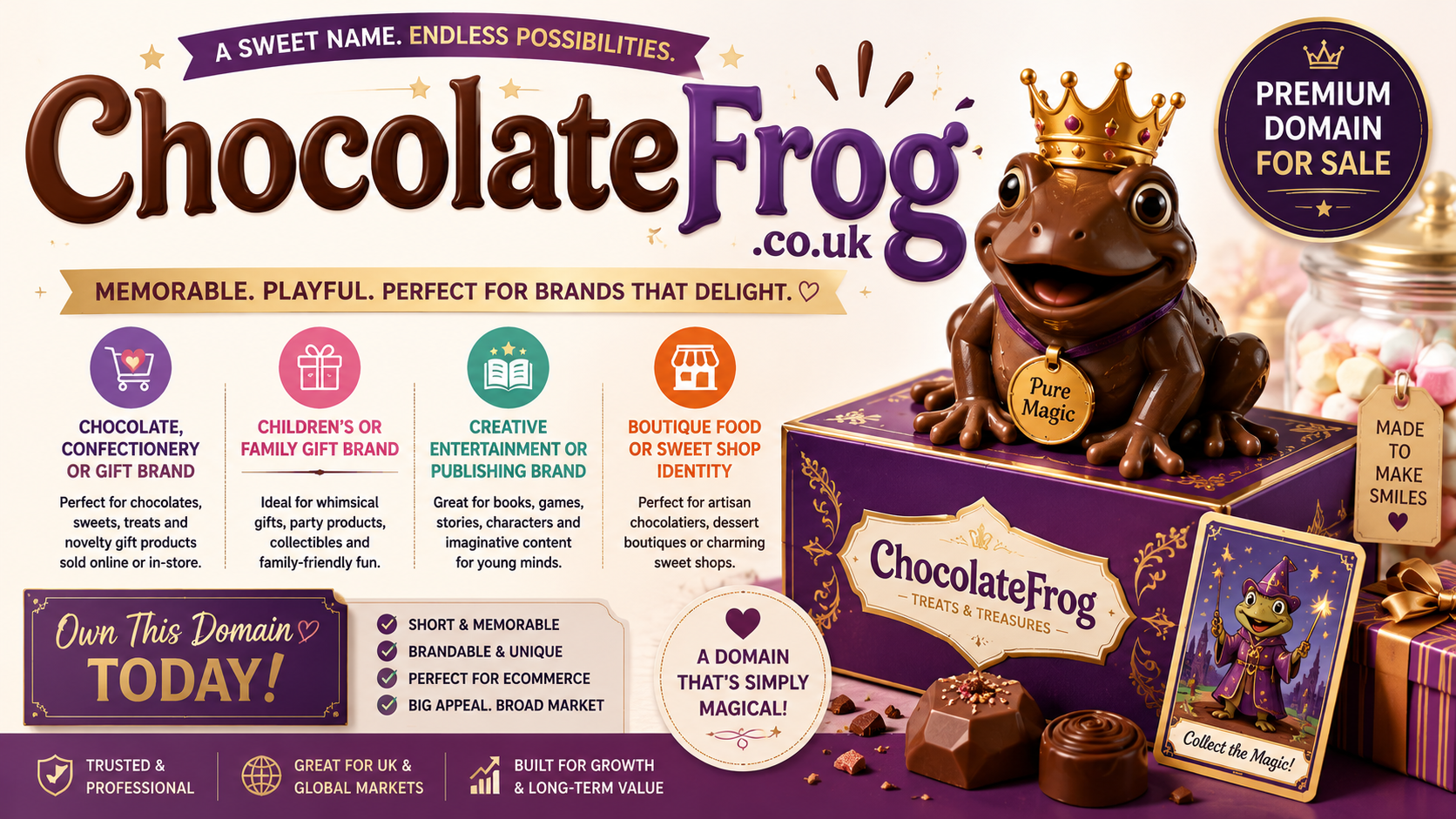 Promotional graphic featuring the domain ChocolateFrog.co.uk, shown with chocolate treats and a playful frog mascot. Style: bright whimsical confectionery branding.