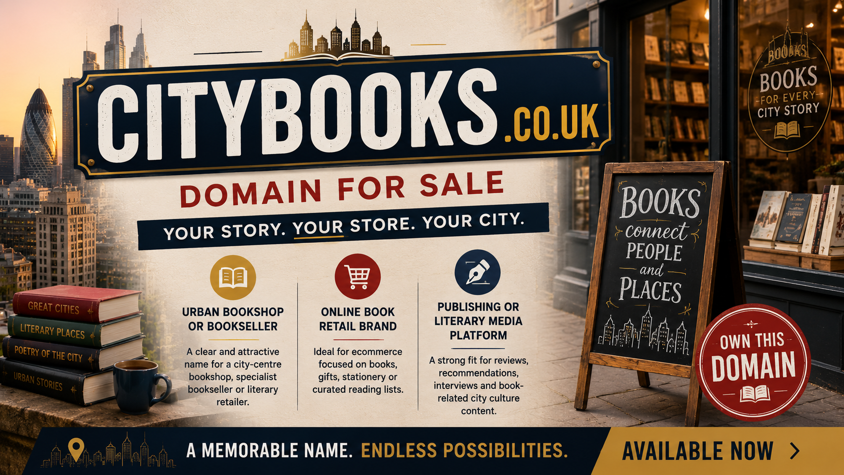 Promotional graphic featuring citybooks.co.uk with stacked books, city skyline and bookstore visuals. Style: modern literary.