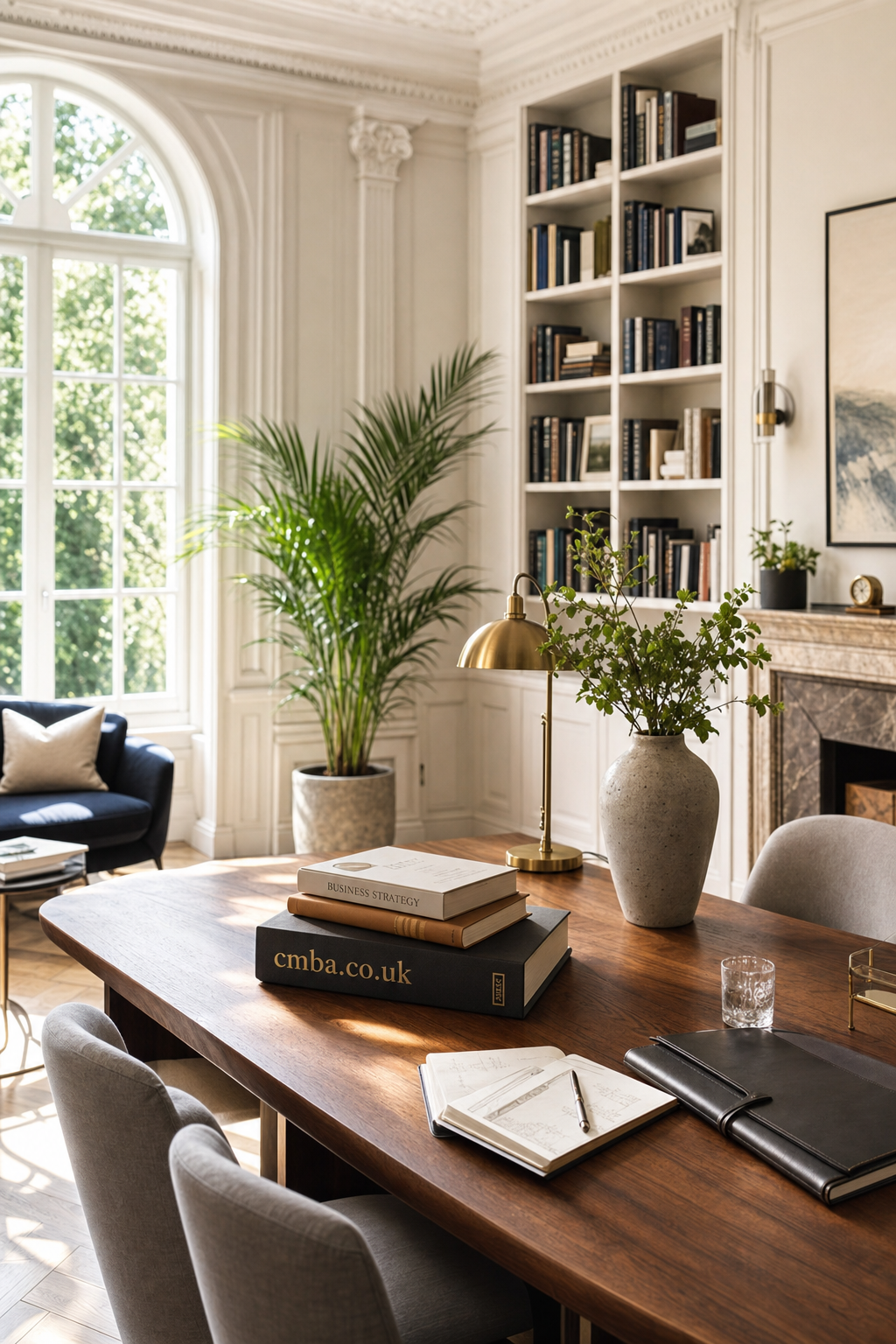 Sunlit elegant office interior featuring a polished wooden table with books including one labeled cmba.co.uk, a vase with green foliage, leather folders, and a large window with lush greenery outside, highlighting a sophisticated business environment.