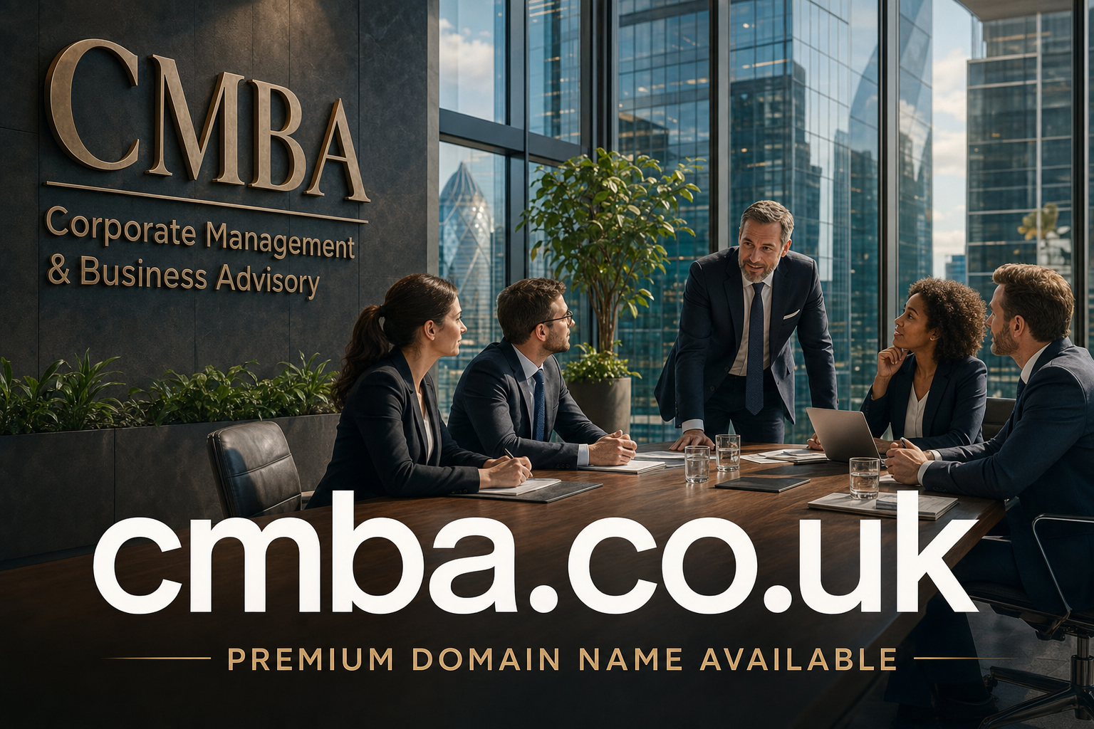 A business meeting in a modern office with floor-to-ceiling windows showing city skyscrapers. Five professionals in suits are engaged around a conference table. A wall sign reads 'CMBA Corporate Management & Business Advisory.' Text overlay states 'cmba.co.uk Premium domain name available.'
