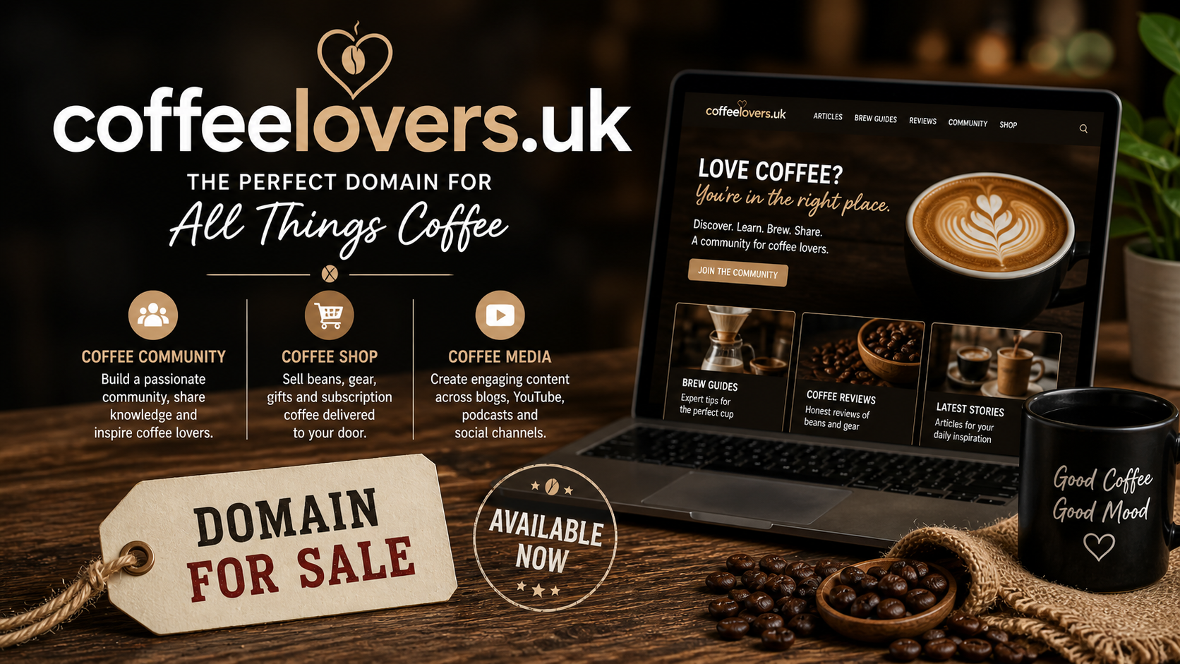 Promotional graphic featuring the domain coffeelovers.uk, shown with latte art and coffee icons. Style: warm modern café.