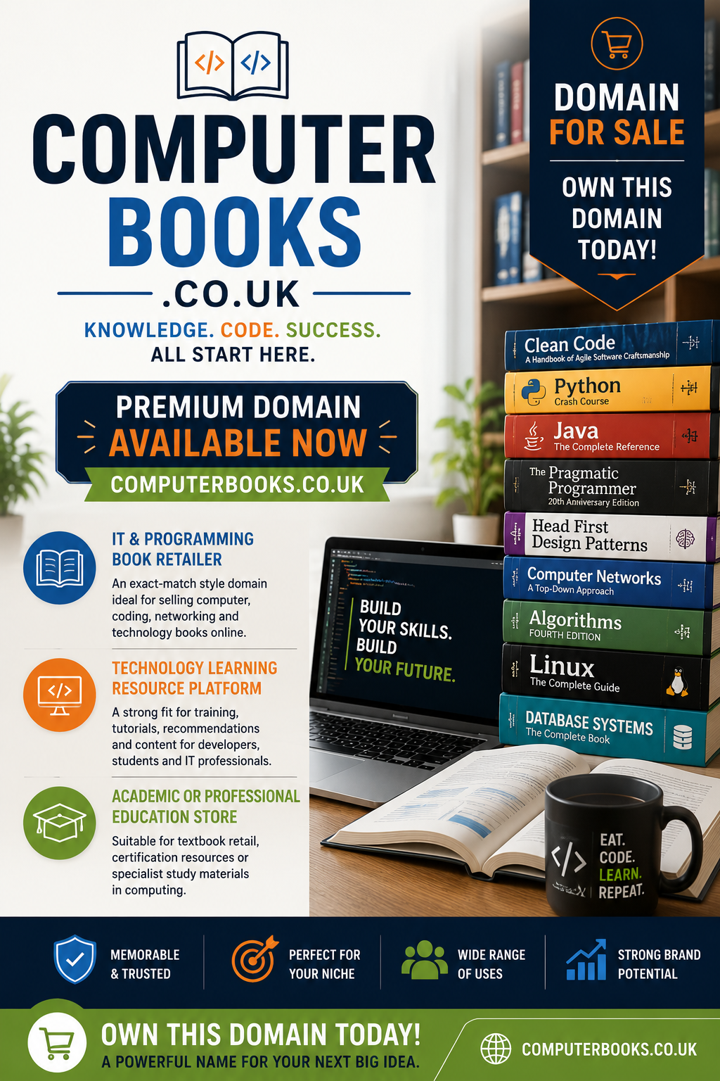 Promotional graphic featuring computerbooks.co.uk with coding books, laptop and learning icons. Style: modern tech education.