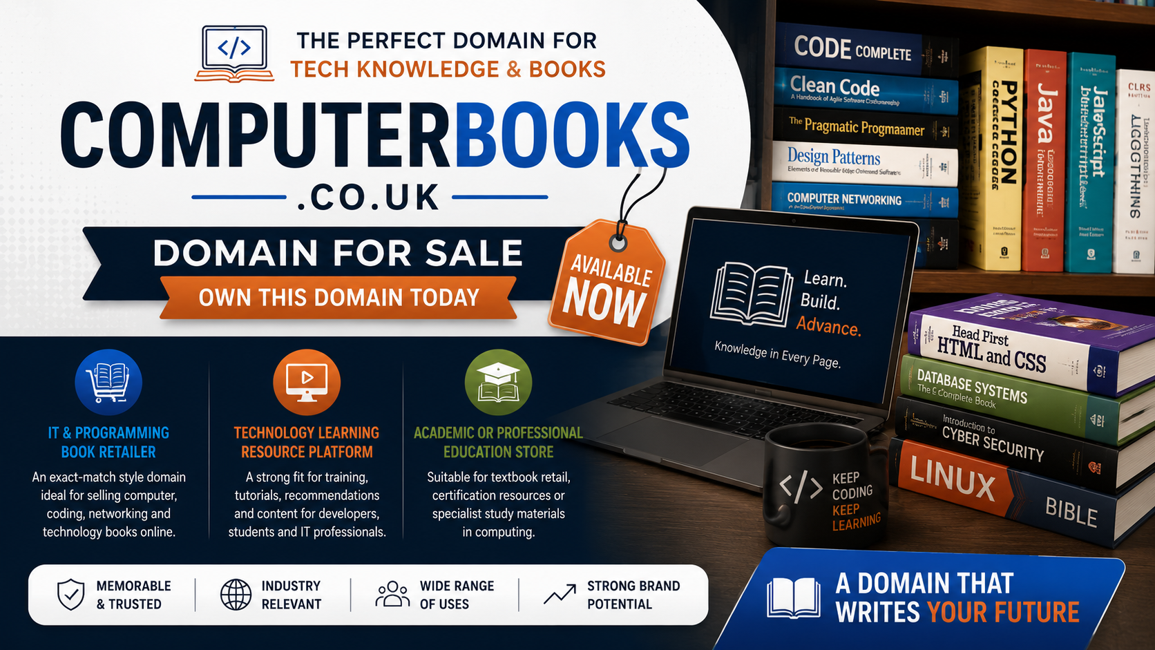 Promotional graphic featuring computerbooks.co.uk with coding books, laptop and learning icons. Style: modern tech education.
