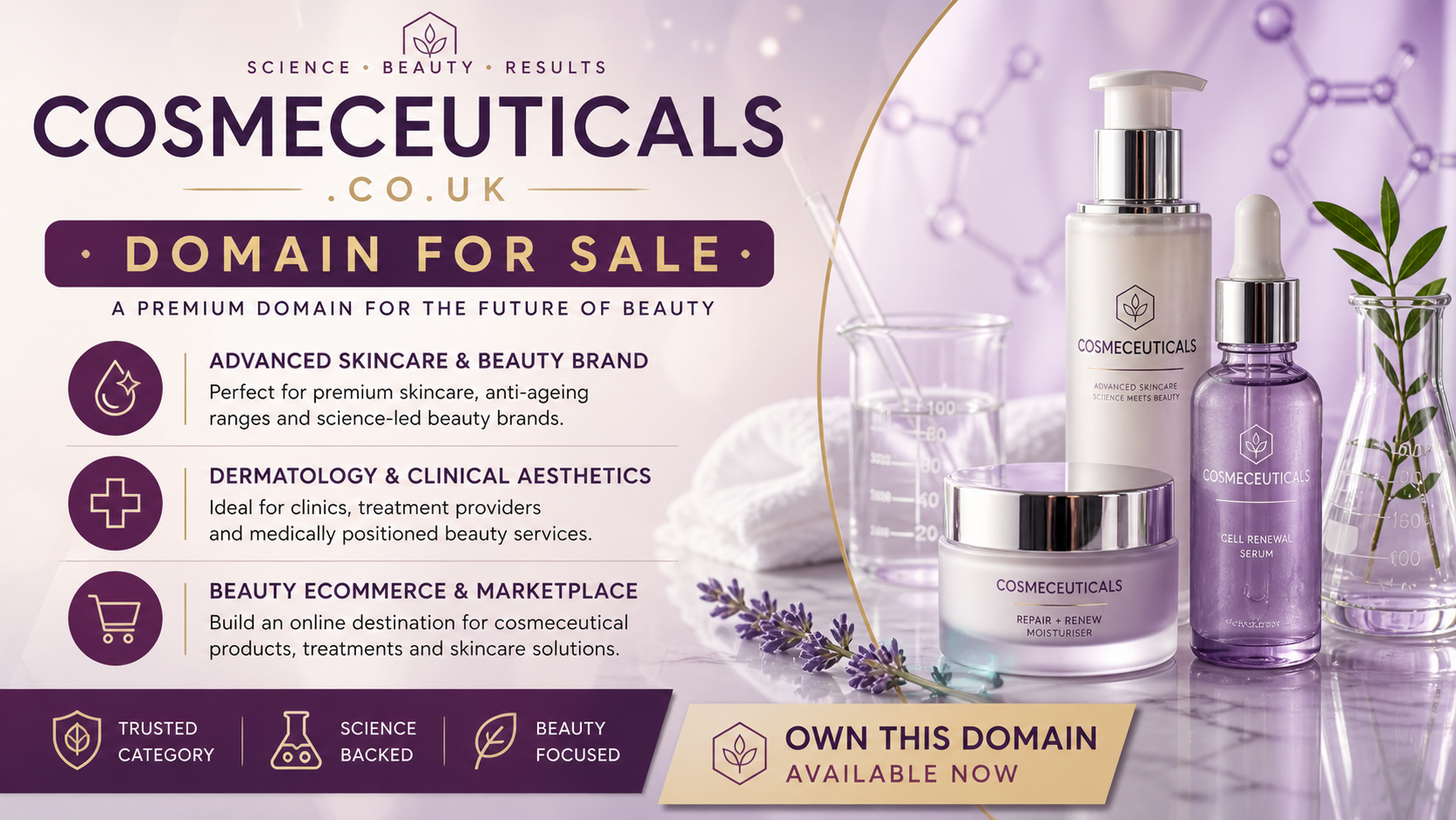 Promotional graphic featuring the domain cosmeceuticals.co.uk, shown with skincare bottles and lab glass. Style: clean luxury.