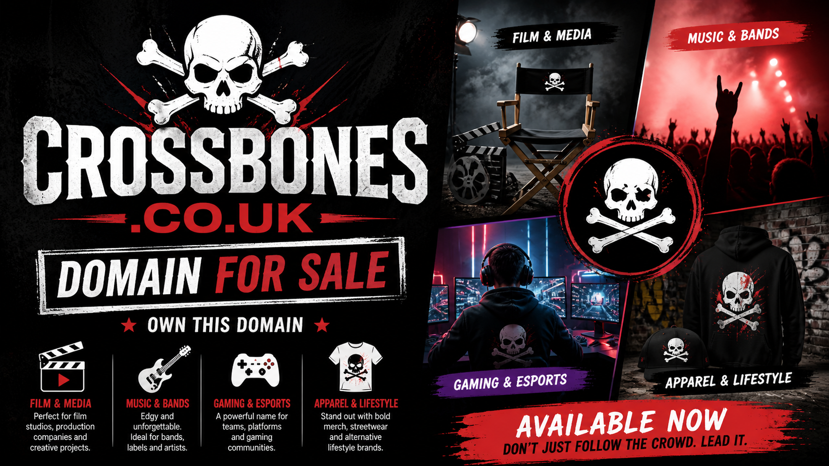 Promotional banner featuring the domain crossbones.co.uk, shown with skull icon and gaming setup. Style: dark edgy grunge