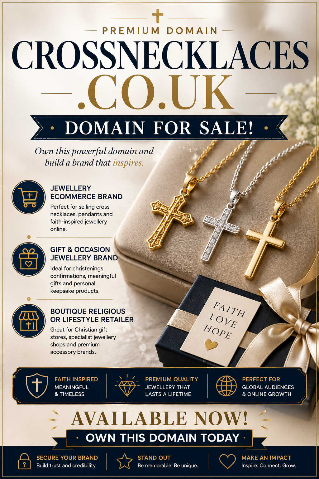 Promotional graphic featuring the domain crossnecklaces.co.uk with gold cross jewellery and gift packaging. Style: luxury modern retail.