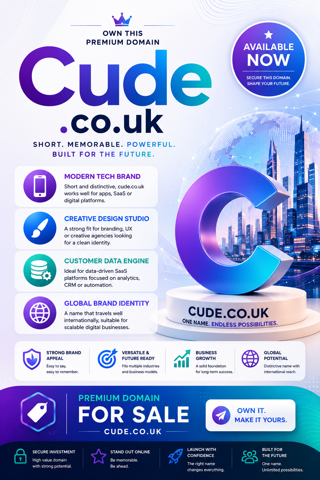 Promotional graphic featuring the domain Cude.co.uk with tech icons, creative branding and futuristic gradients. Style: sleek modern.