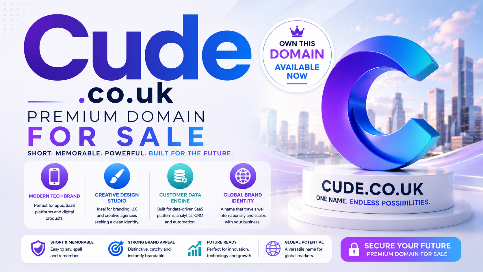 Promotional graphic featuring the domain Cude.co.uk with tech icons, creative branding and futuristic gradients. Style: sleek modern.