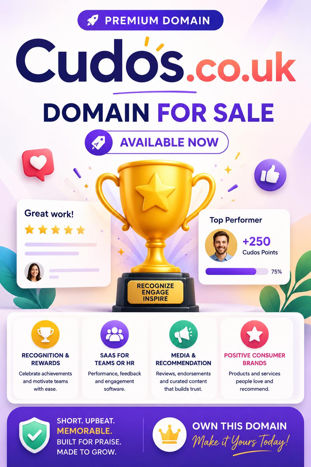 Promotional graphic featuring the domain Cudos.co.uk with trophy icons and recognition UI cards. Style: bright modern SaaS branding.