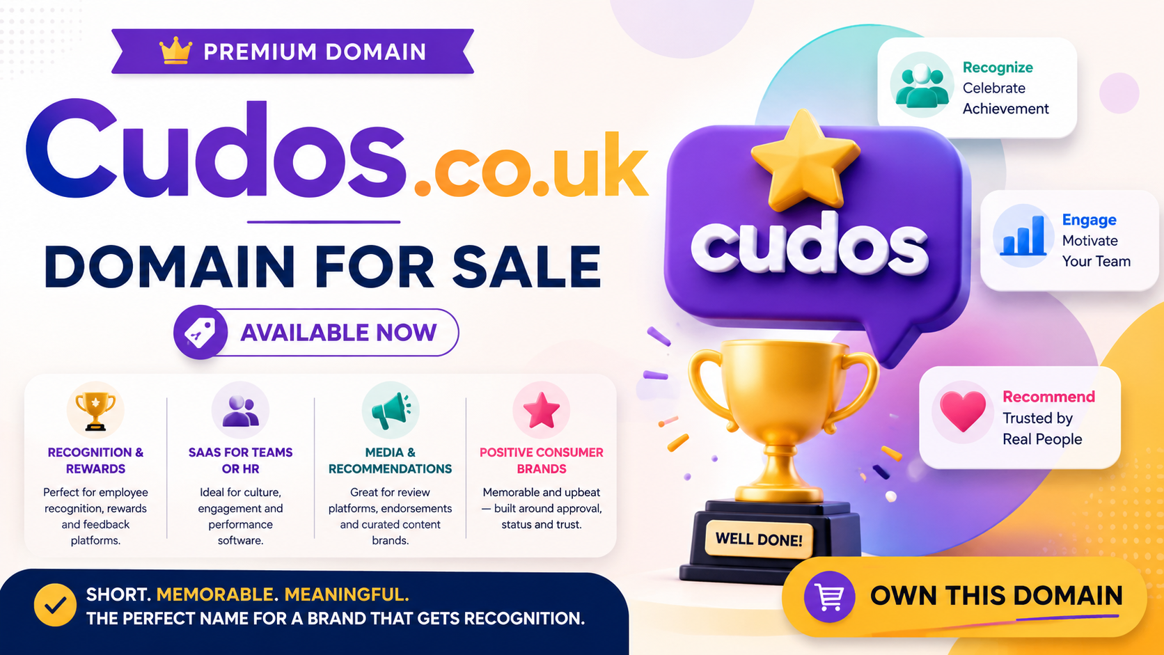 Promotional graphic featuring the domain Cudos.co.uk with trophy icons and recognition UI cards. Style: bright modern SaaS branding.