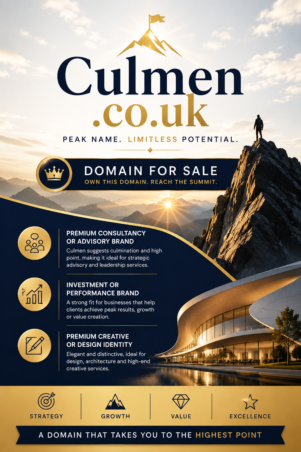 Promotional banner featuring the domain Culmen.co.uk with a stylised mountain summit, premium business icons and elegant gold accents. Style: modern and aspirational.