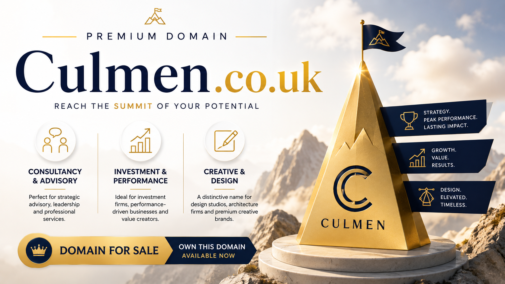 Promotional banner featuring the domain Culmen.co.uk with a stylised mountain summit, premium business icons and elegant gold accents. Style: modern and aspirational.